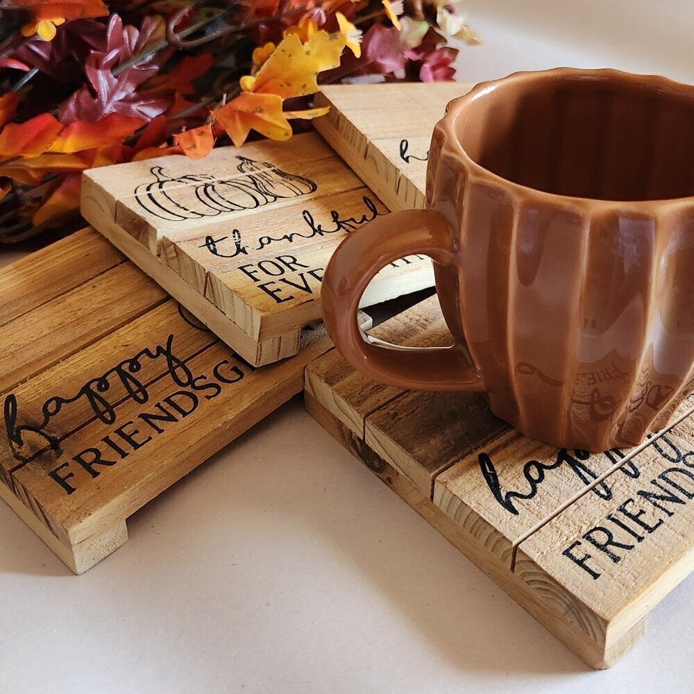 Mud Pie Thanksgiving Fall Pumpkin Wooden Coasters Set of 4 Festive Holiday